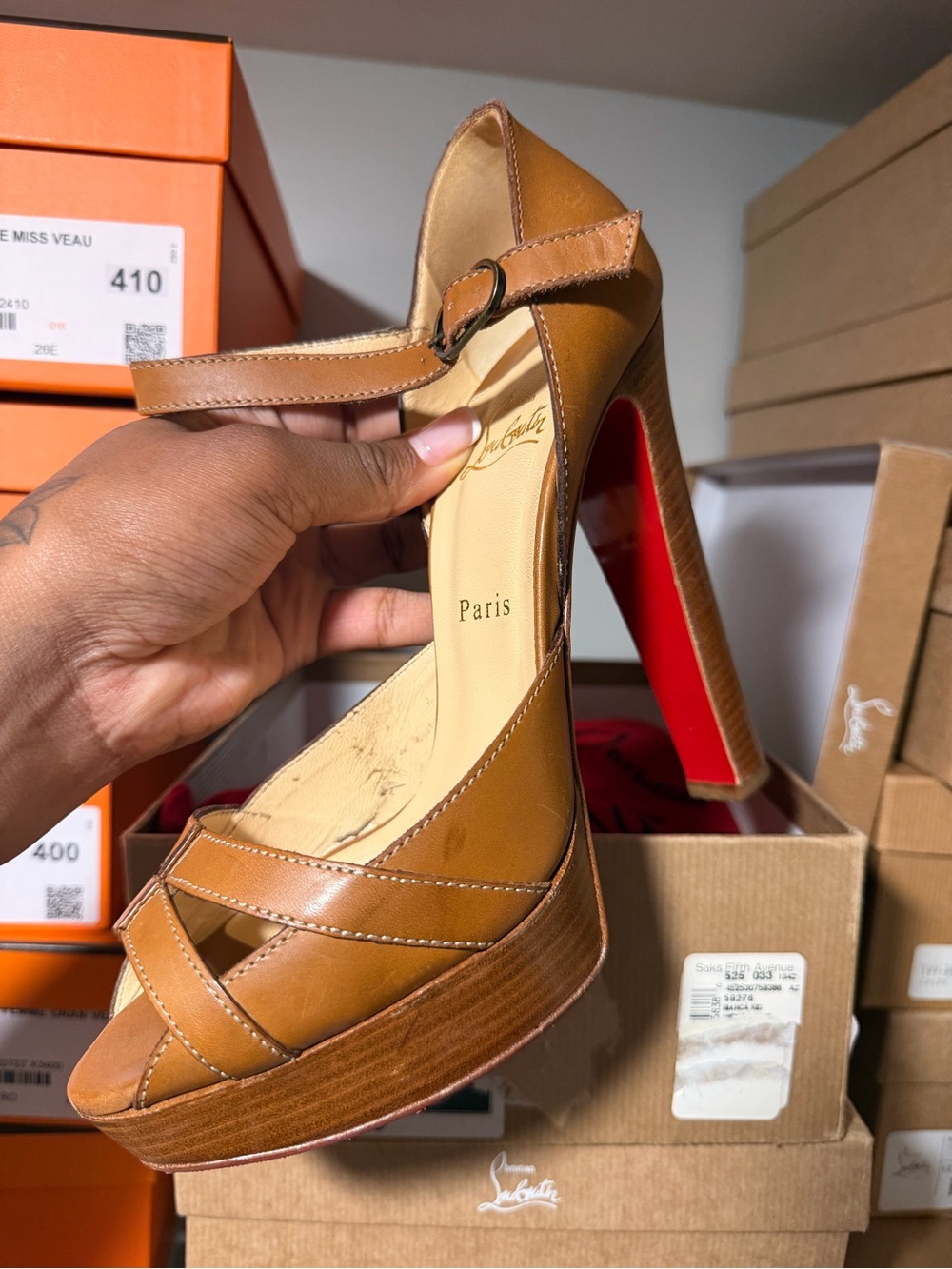 Christian Louboutin Tan Leather Platform Mary Jane Sandals
